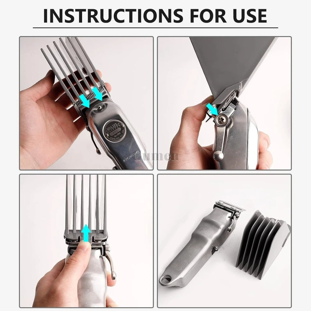 Instructions for use showing how to use a professional hair clipper guide comb set.