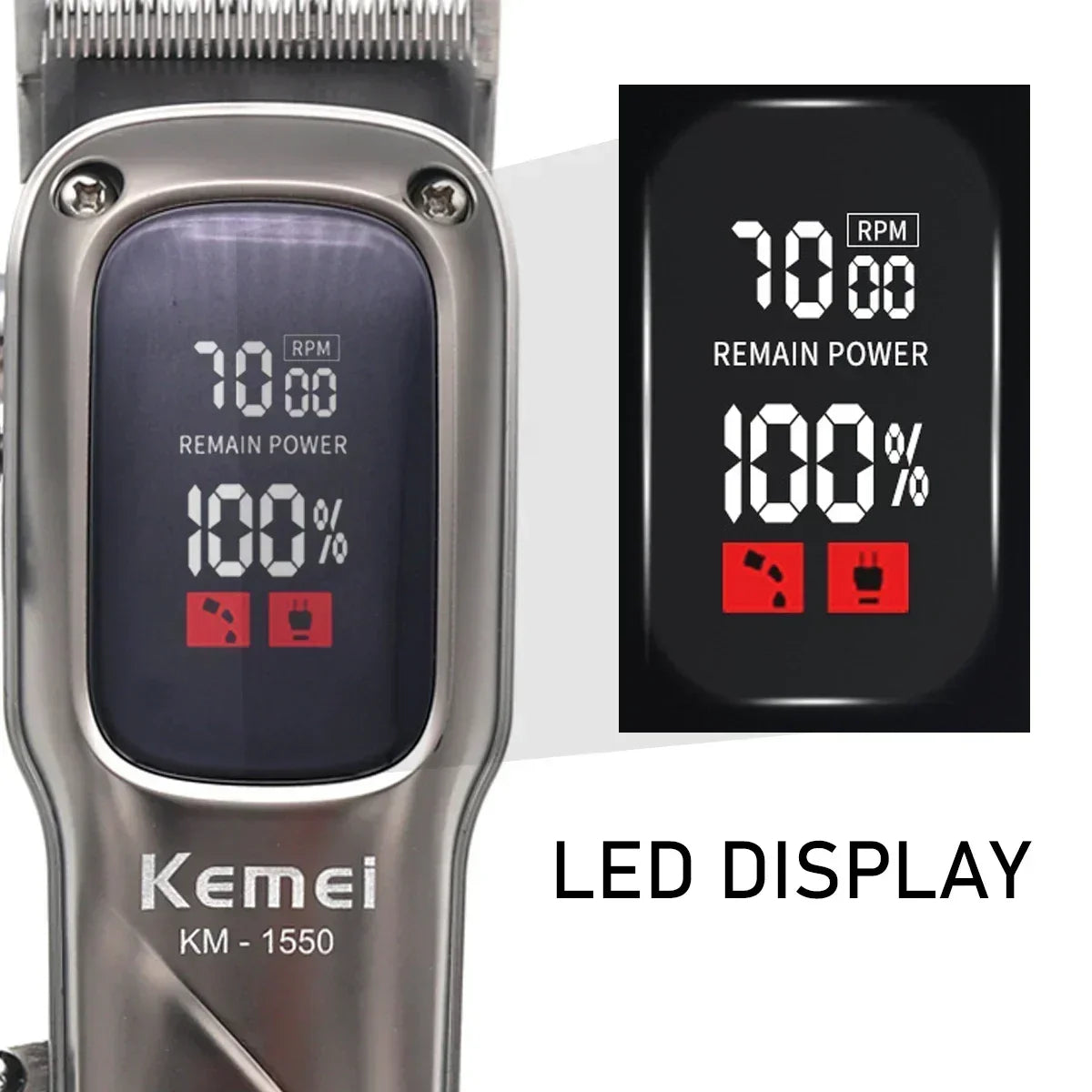 A close-up view of a silver cordless hair clipper with an LED display showing 100% remaining power and RPM.
