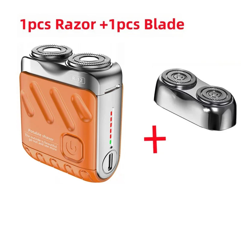 An orange and silver electric shaver with a blade is shown next to its replacement blade.