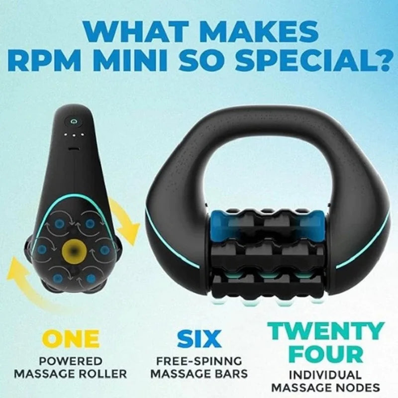A black handheld massage roller with four massage nodes and a black ergonomic handle is shown next to the product title.