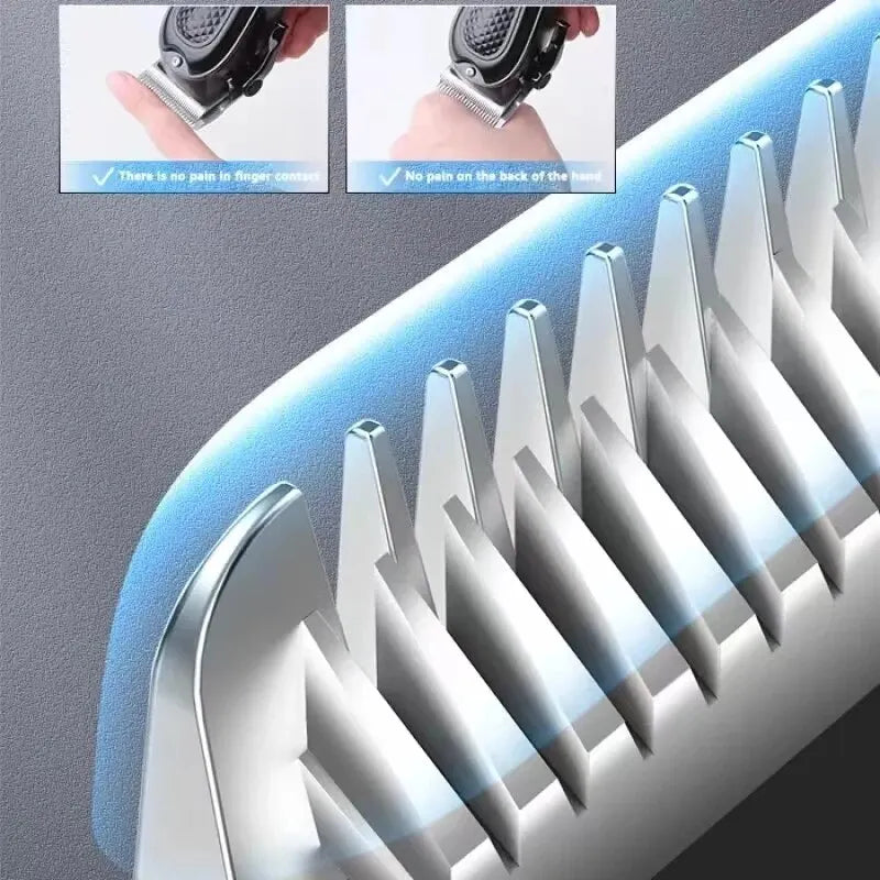Close-up view of a professional electric hair clipper trimmer showing multiple cutting teeth and safety features.