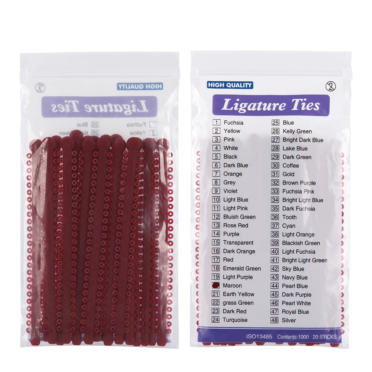 Pack of 20 ligature ties in various colors for dental orthodontic use