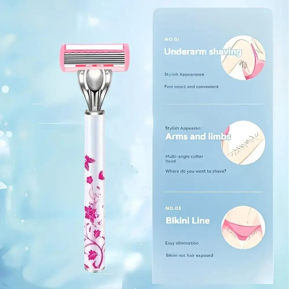 Rasoir électrique rose avec poignée argentée et corps blanc, montré à côté des caractéristiques du produit.