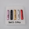 A set of five colorful 5ml travel perfume atomizer bottles arranged on a white surface.