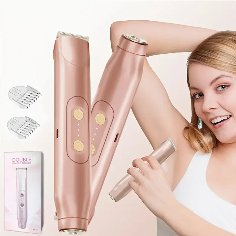 A woman is using a rose gold portable electric shaver epilator for hair removal.
