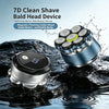 A close-up of a silver magnetic floating electric head shaver resting on dark water, with the device and marketing text visib