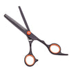 A pair of professional 6-inch stainless steel hairdressing scissors with black handles and orange accents.