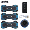 A set of black EMS muscle stimulator pads, a power unit, and a handheld device for pain relief.