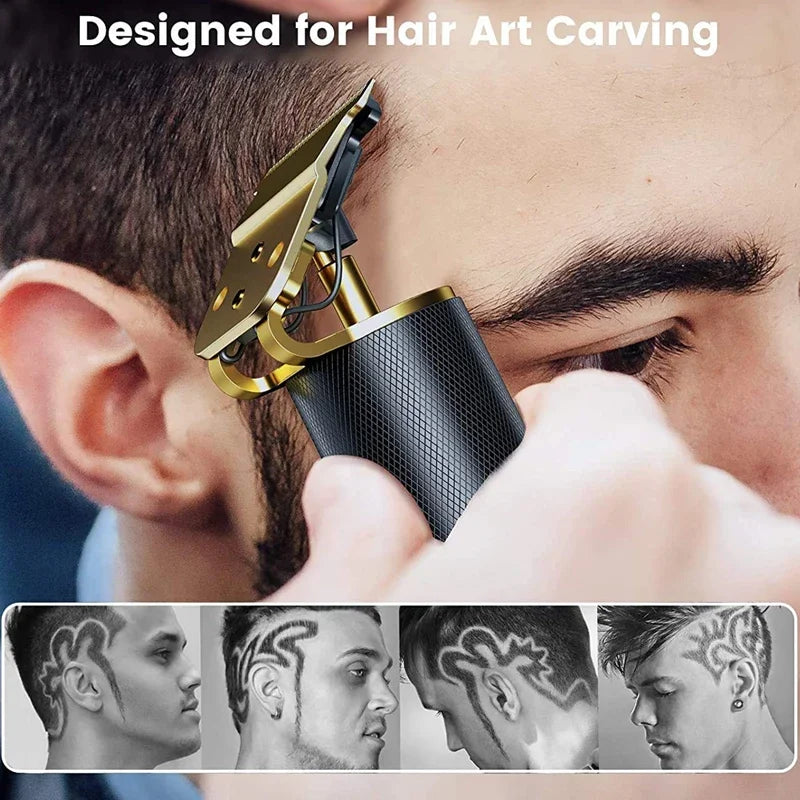 A professional USB rechargeable hair clipper designed for hair art carving is shown being used on a man's face.