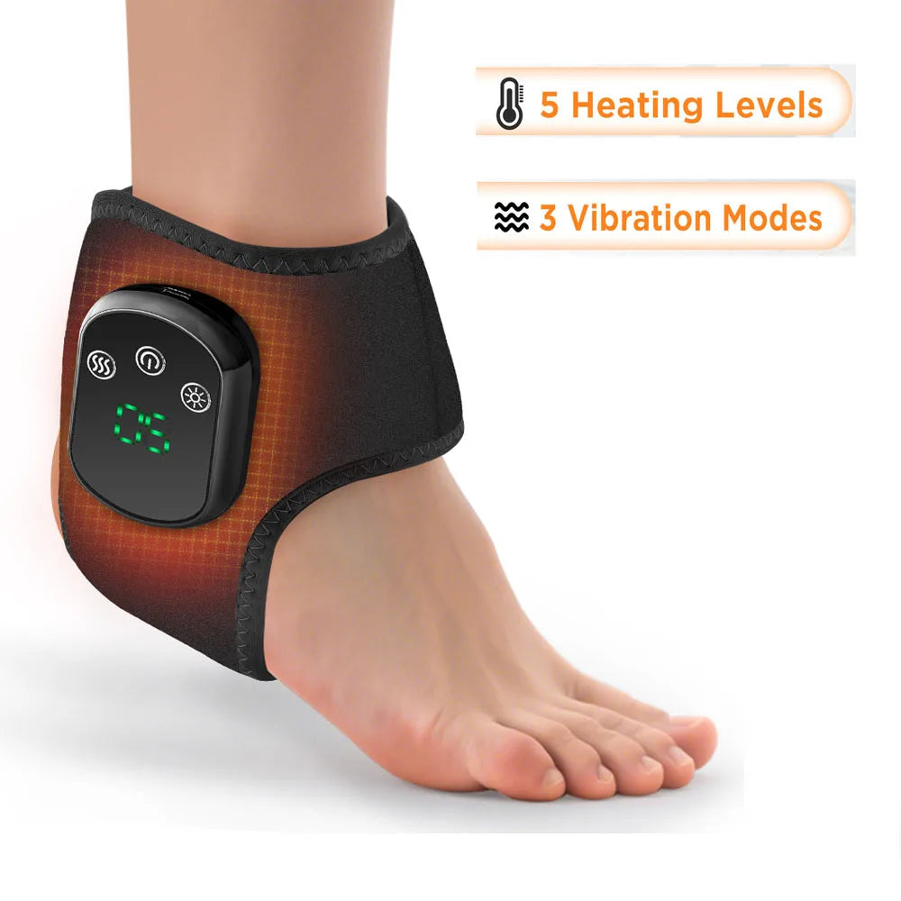 A black heating and massage wrist brace worn on a person's ankle, showing controls for heating levels and vibration modes.