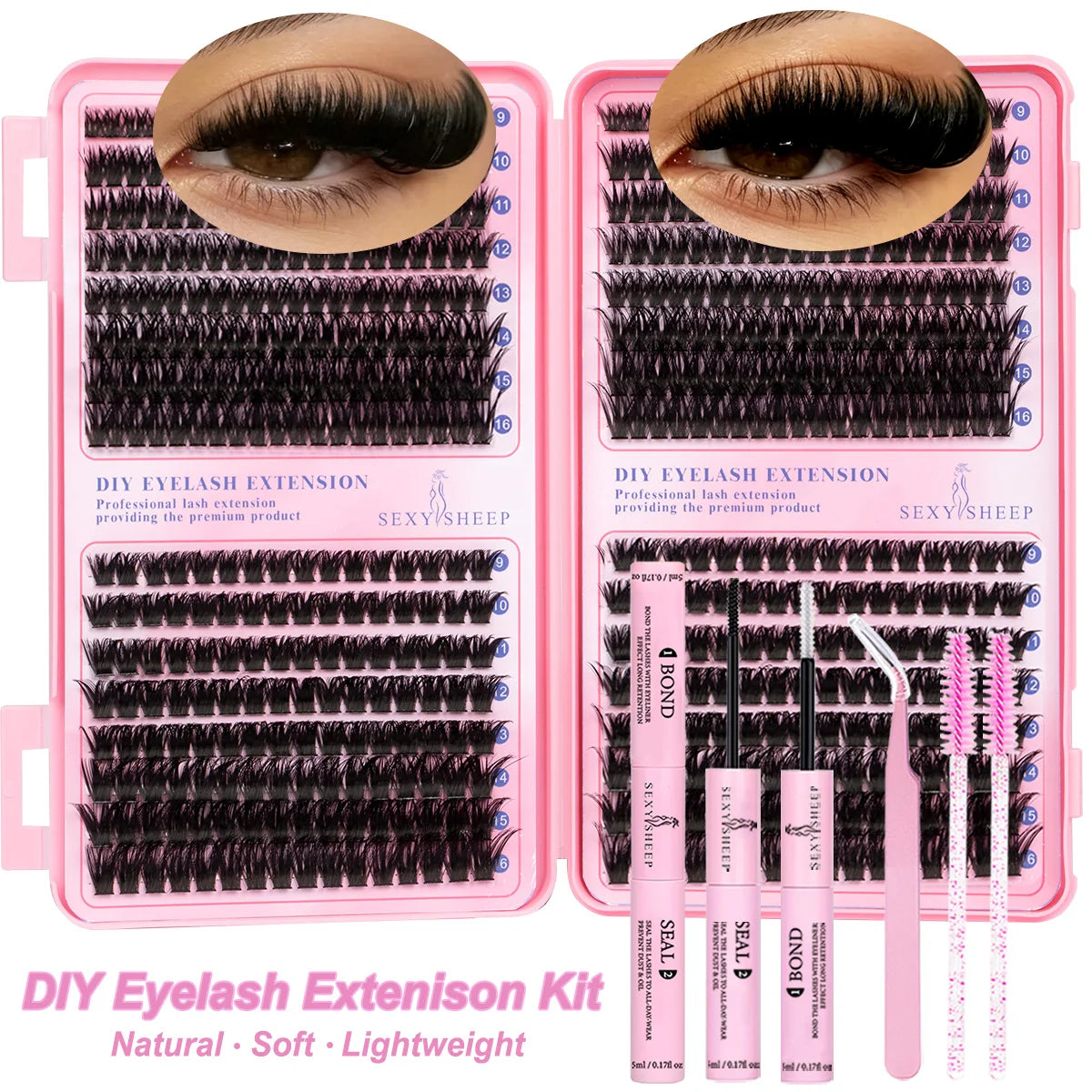 Pink DIY Eyelash Extension Kit featuring black faux mink lashes for professional lash extension