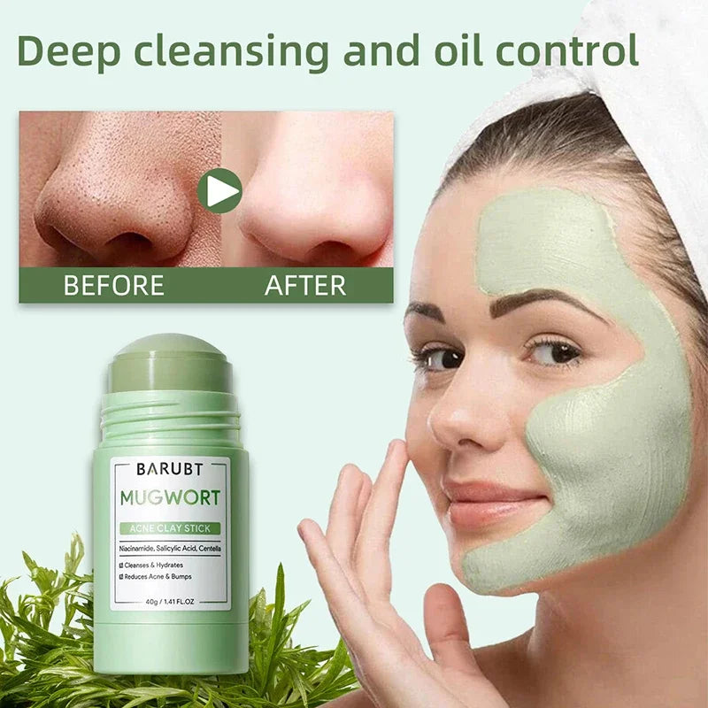 A woman applies a green acne clay mask stick to her face for deep cleansing and oil control.