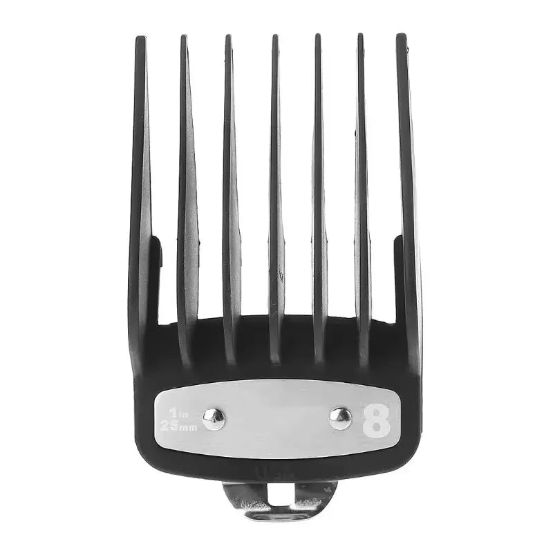 A black precision hair clipper guide comb set with eight metal teeth and a silver base.