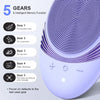 A purple silicone facial cleansing brush with five gears and an intelligent memory function is shown.