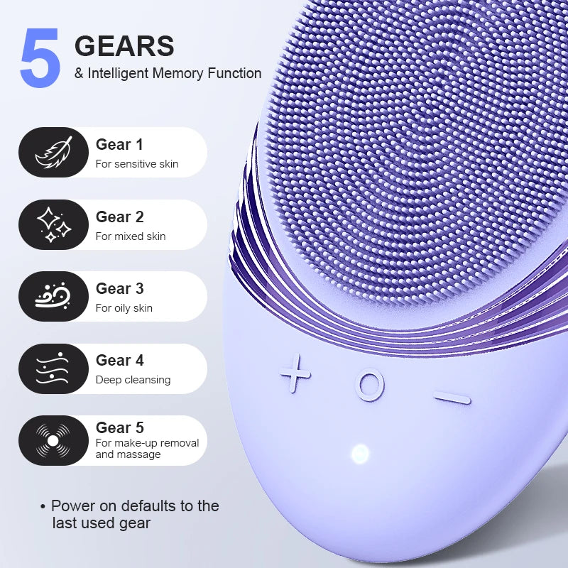 A purple silicone facial cleansing brush with five gears and an intelligent memory function is shown.