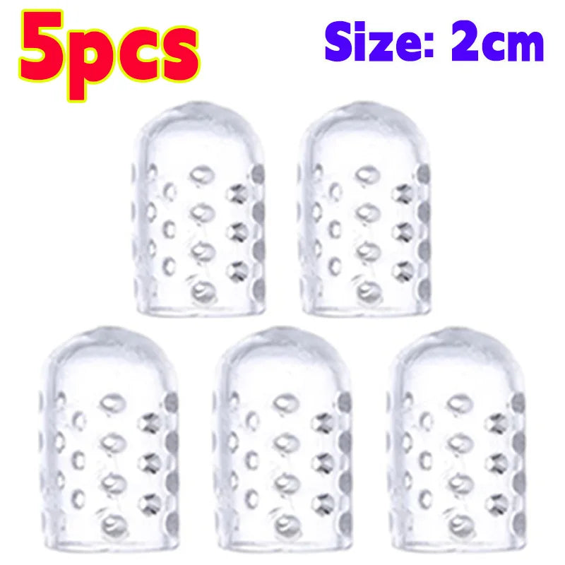 Five clear silicone toe covers, 2cm in size, for foot protection.