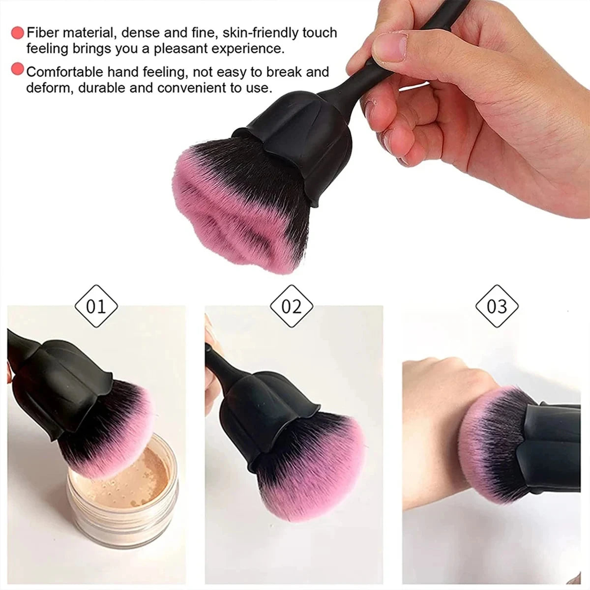 A set of pink and black nail art dust brushes shown in various angles with a hand for scale.