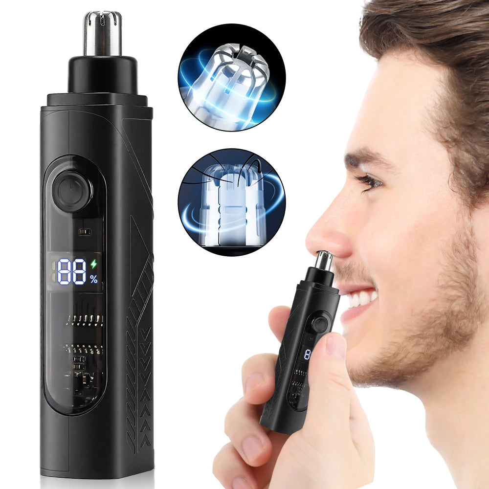 A portable electric nose and ear hair trimmer shown with a main unit and a handheld attachment.