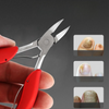 A hand holds professional red toenail clippers with a curved sharp blade, showing various nail cuts.