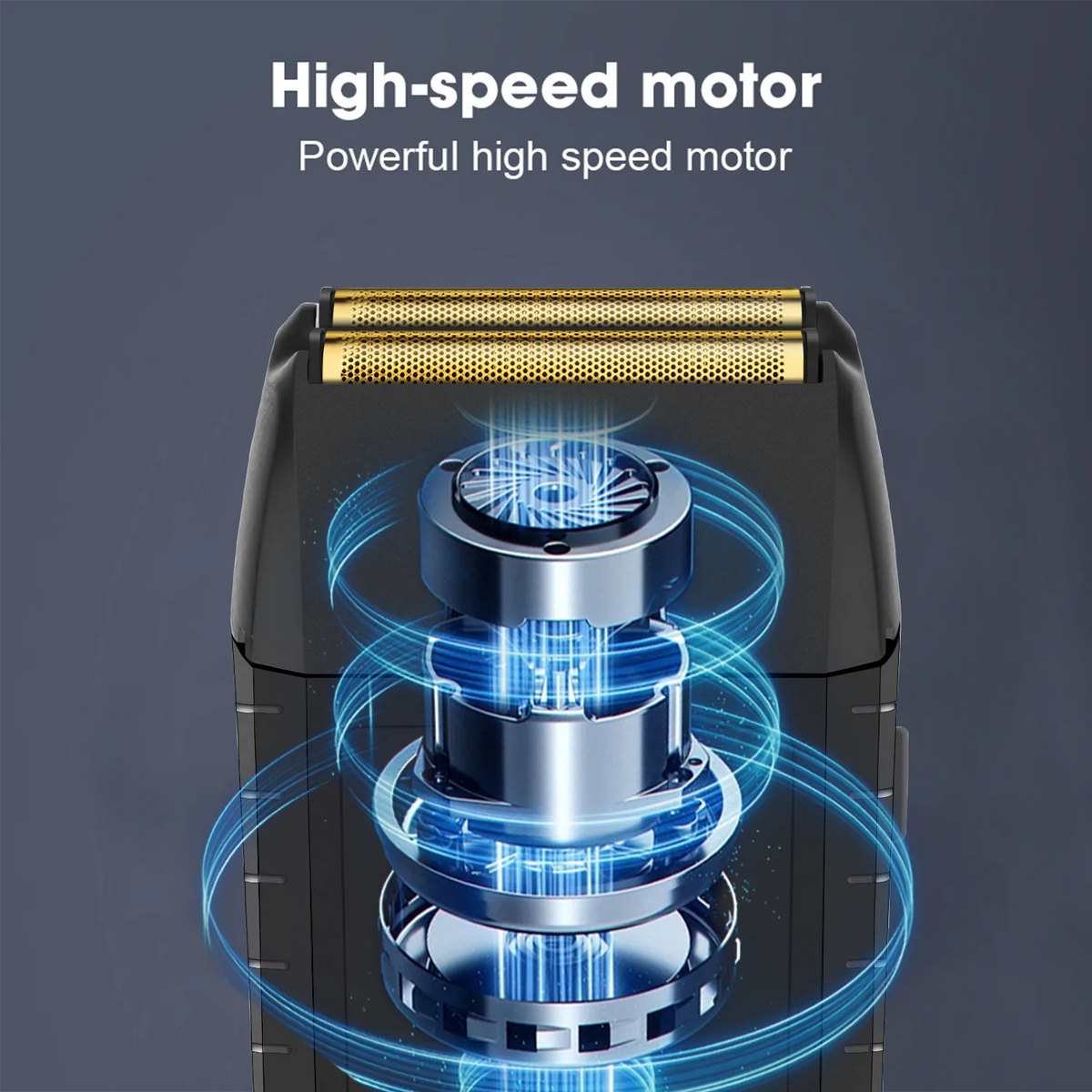 Close-up of a professional electric beard and hair trimmer showing a high-speed motor mechanism with blue energy rings.