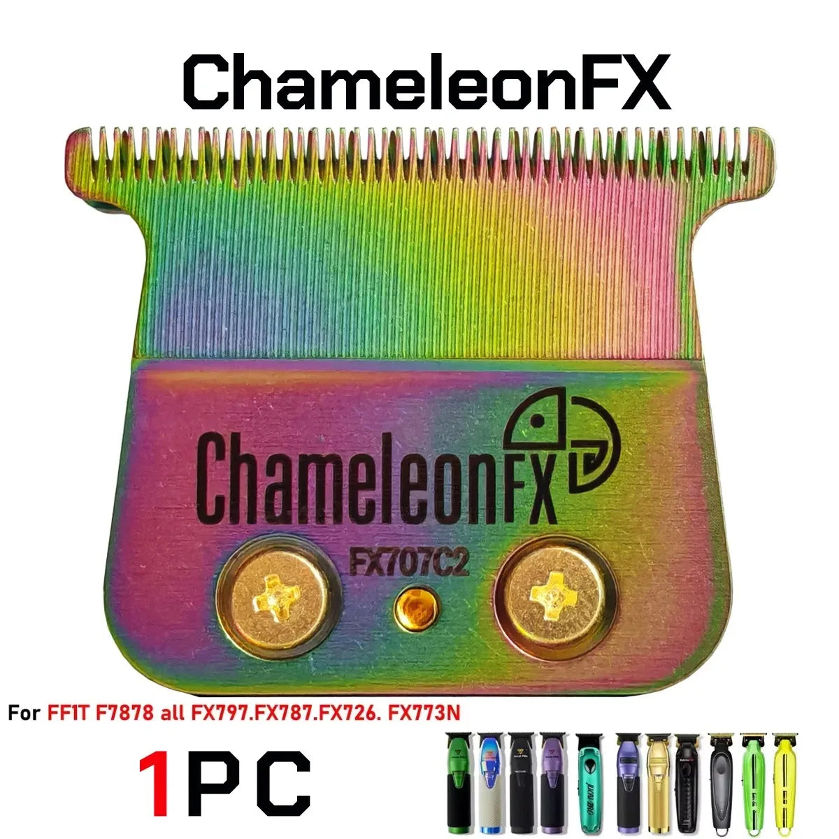 A single ChameleonFX professional replaceable blade for trimmers and clippers, featuring a multicolored blade and gold accent