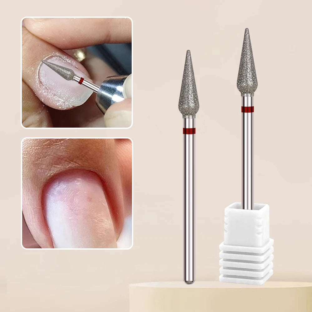Close-up view of a silver tungsten carbide nail drill bit with a red accent, shown alongside a hand using it for manicure