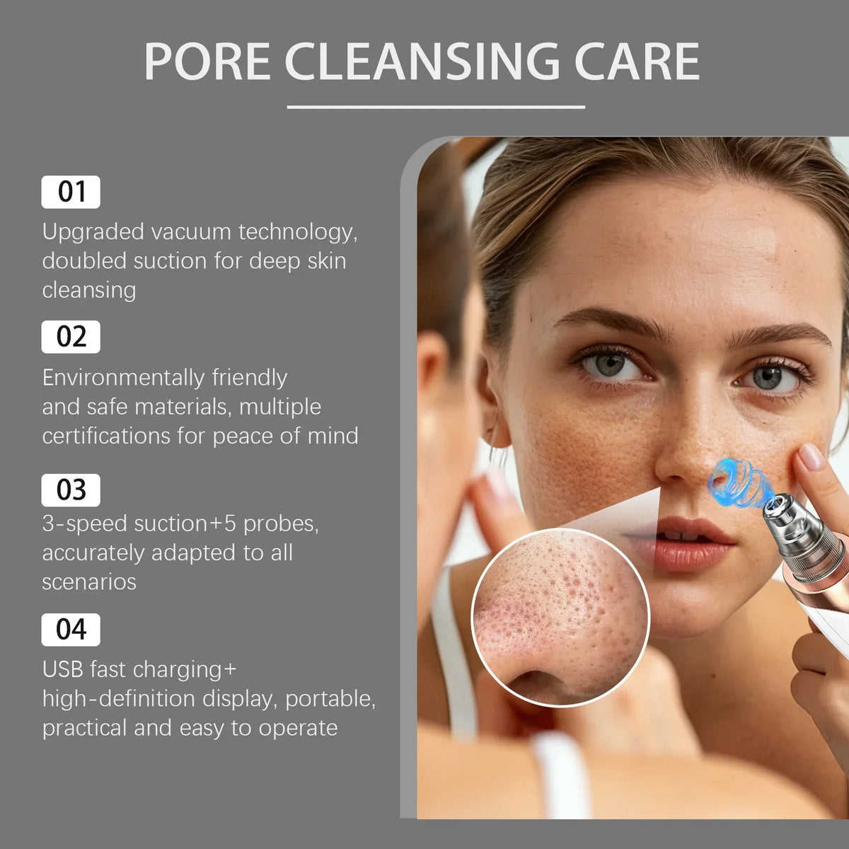 Close-up of a woman using a handheld device for pore cleansing care with detailed features listed.