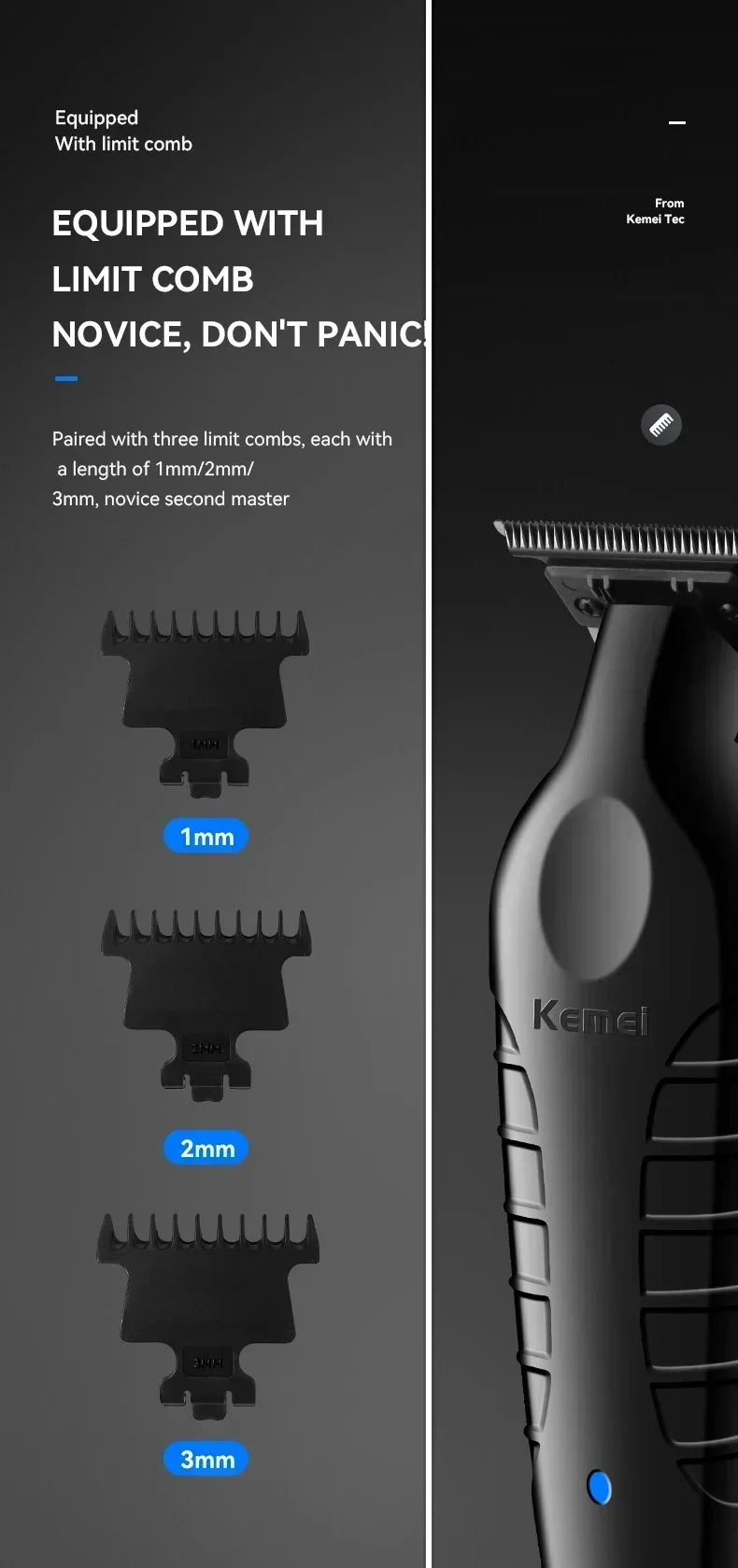 Close-up of a Kemel electric hair trimmer showing three limit combs with lengths of 1mm, 2mm, and 3mm.
