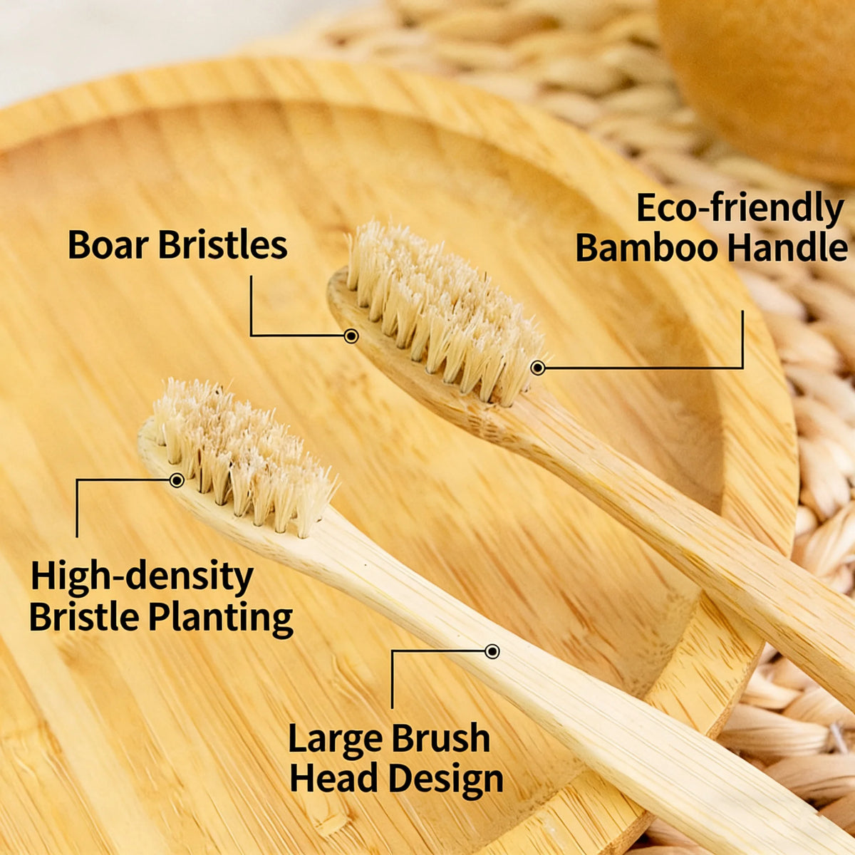 A wooden toothbrush with boar bristles and a bamboo handle resting on a light wooden plate.