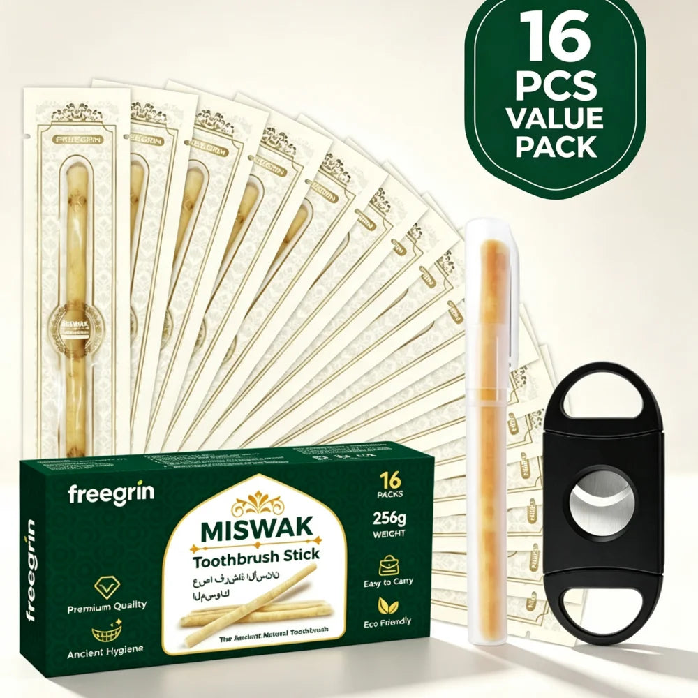 A package of 16 Miswak toothbrush sticks is shown next to a green label indicating a 16 pcs value pack.