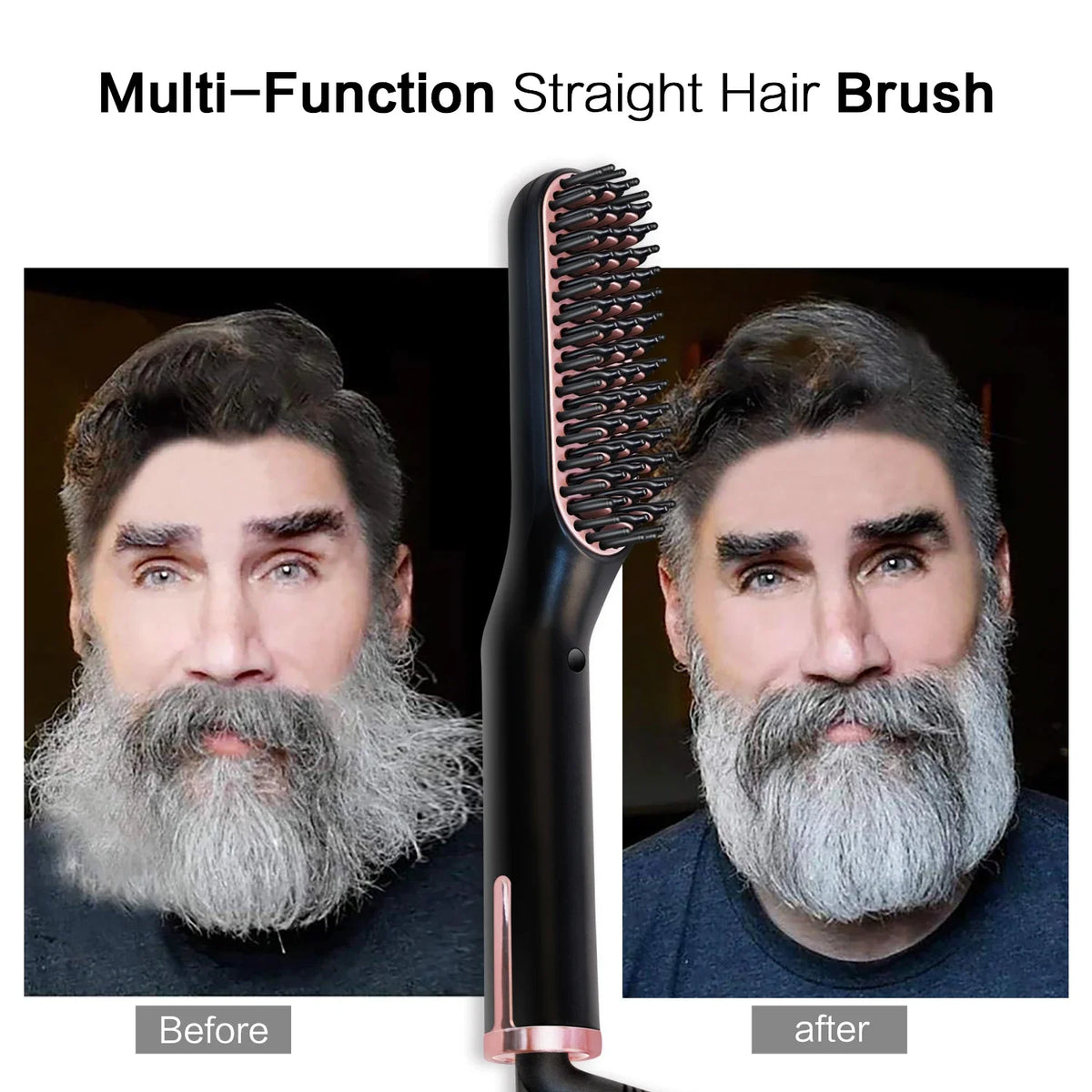 Before and after images of a multi-function straight hair brush used for beard styling.