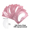 A pack of 100 pairs of pink under-eye lash application patches shown spread out.