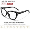 Black clear cateye reading glasses with a black tortoiseshell temple and a visual acuity reference chart
