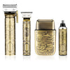 A set of gold-toned multi-function electric grooming kits, including a trimmer and a shaving device.