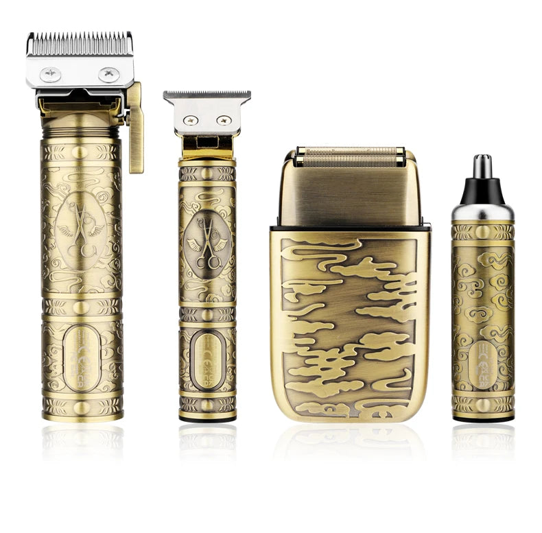 A set of gold-toned multi-function electric grooming kits, including a trimmer and a shaving device.