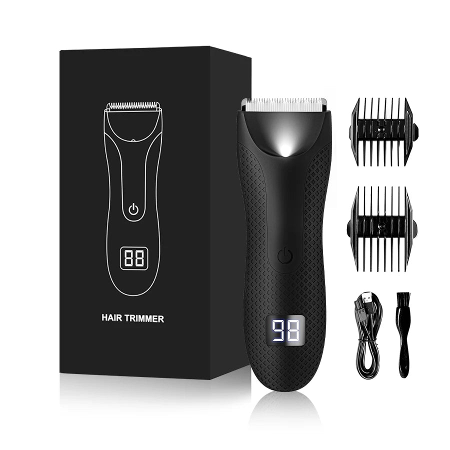 A black professional body and personal hair trimmer with a detachable guard and charging cable.