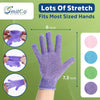 Purple stretch exfoliating bath gloves shown on a hand, demonstrating fit for various hand sizes.