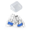 A clear silicone earplug with a blue tip and storage case shown next to the earplug.