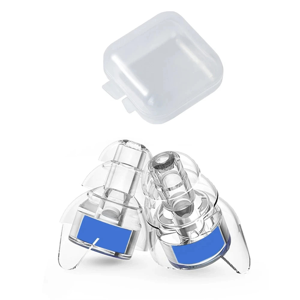 A clear silicone earplug with a blue tip and storage case shown next to the earplug.