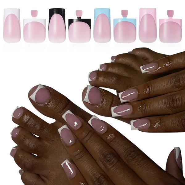 Una colección de 60 uñas postizas en varios tonos rosa y nude mostradas en manos.
