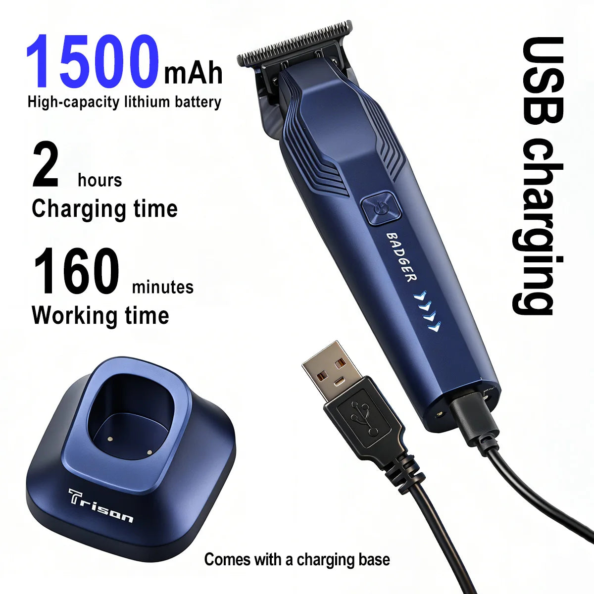 A blue hair trimmer battery and charging base with a USB cable.
