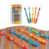 A set of five colorful kids' dental toothbrushes in various shapes and colors displayed next to its packaging.