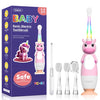A pink unicorn-themed baby sonic electric toothbrush set with multiple brush heads and a charging base.