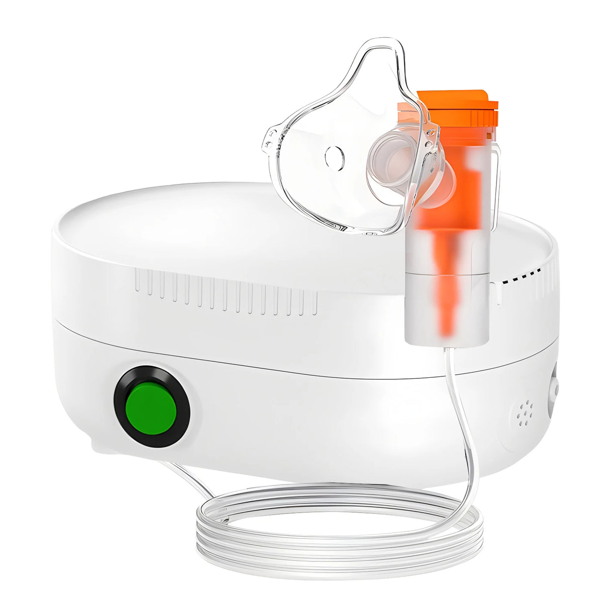 A white portable medical compression nebulizer with an orange mouthpiece and a clear tubing component.