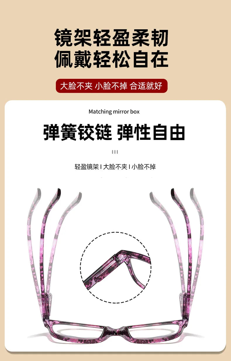 A pair of pink photochromic reading glasses shown with a close-up view of the lens mechanism.