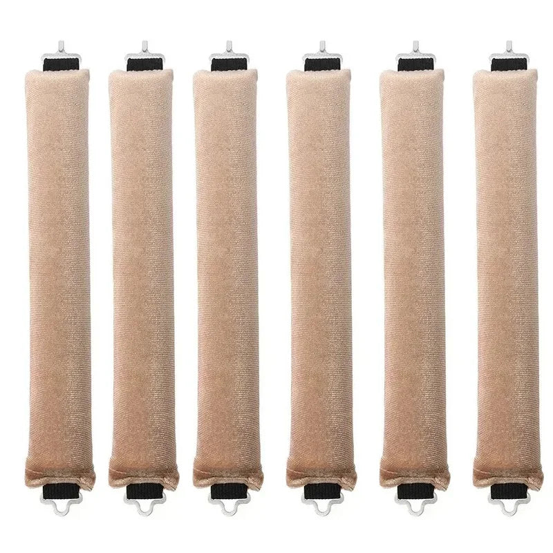 Five beige heatless hair curler curling rods displayed side by side.