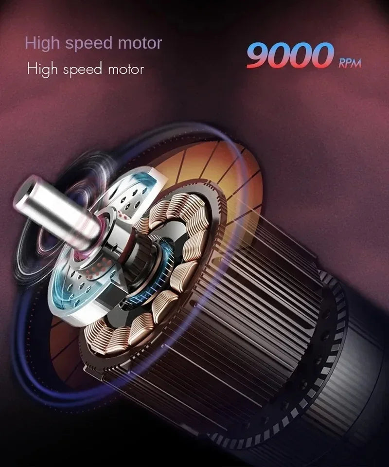 Close-up view of a high speed motor for an electric hair shaver, showing internal components and RPM rating.