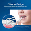 Y Shaped Design dental floss picks shown cleaning between rear teeth in a person's mouth