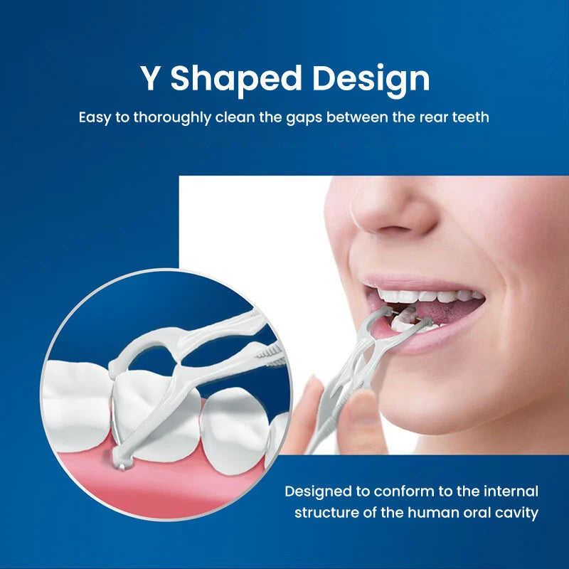 Y Shaped Design dental floss picks shown cleaning between rear teeth in a person's mouth