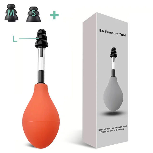 A portable ear pressure relief tool shown in a box, featuring an orange applicator and a black tip.